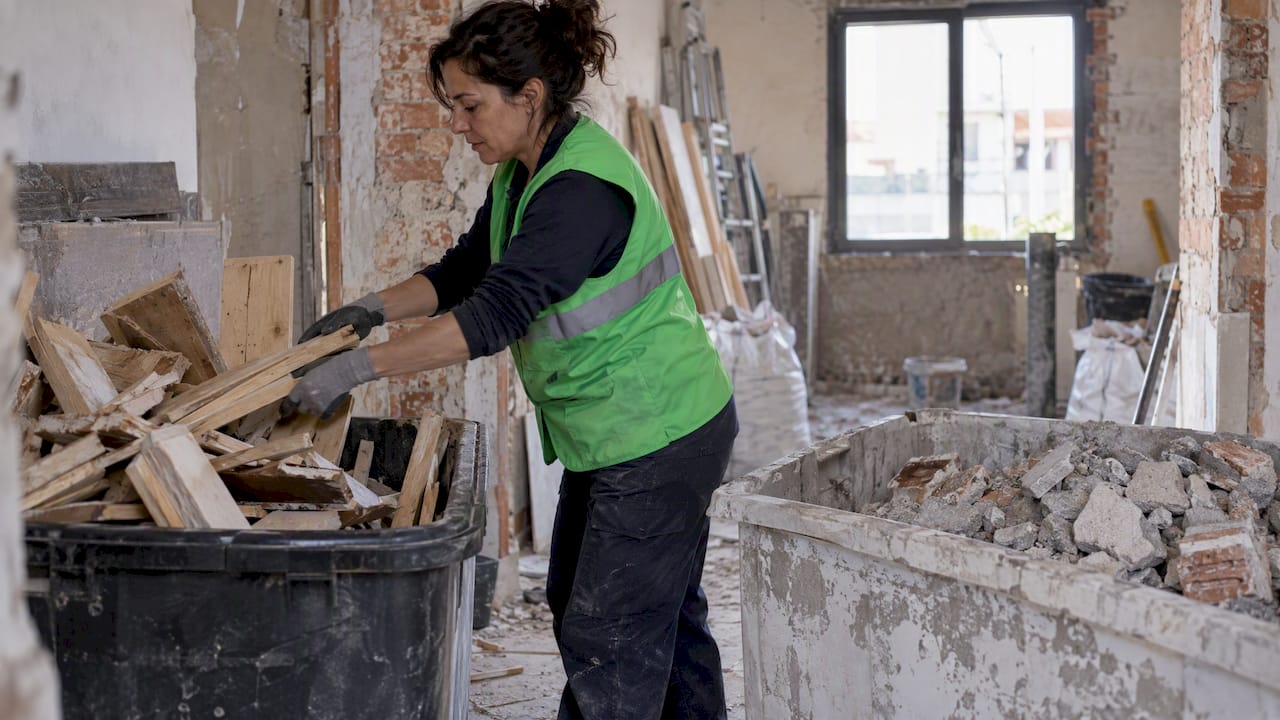 Separación de madera y escombros en una obra